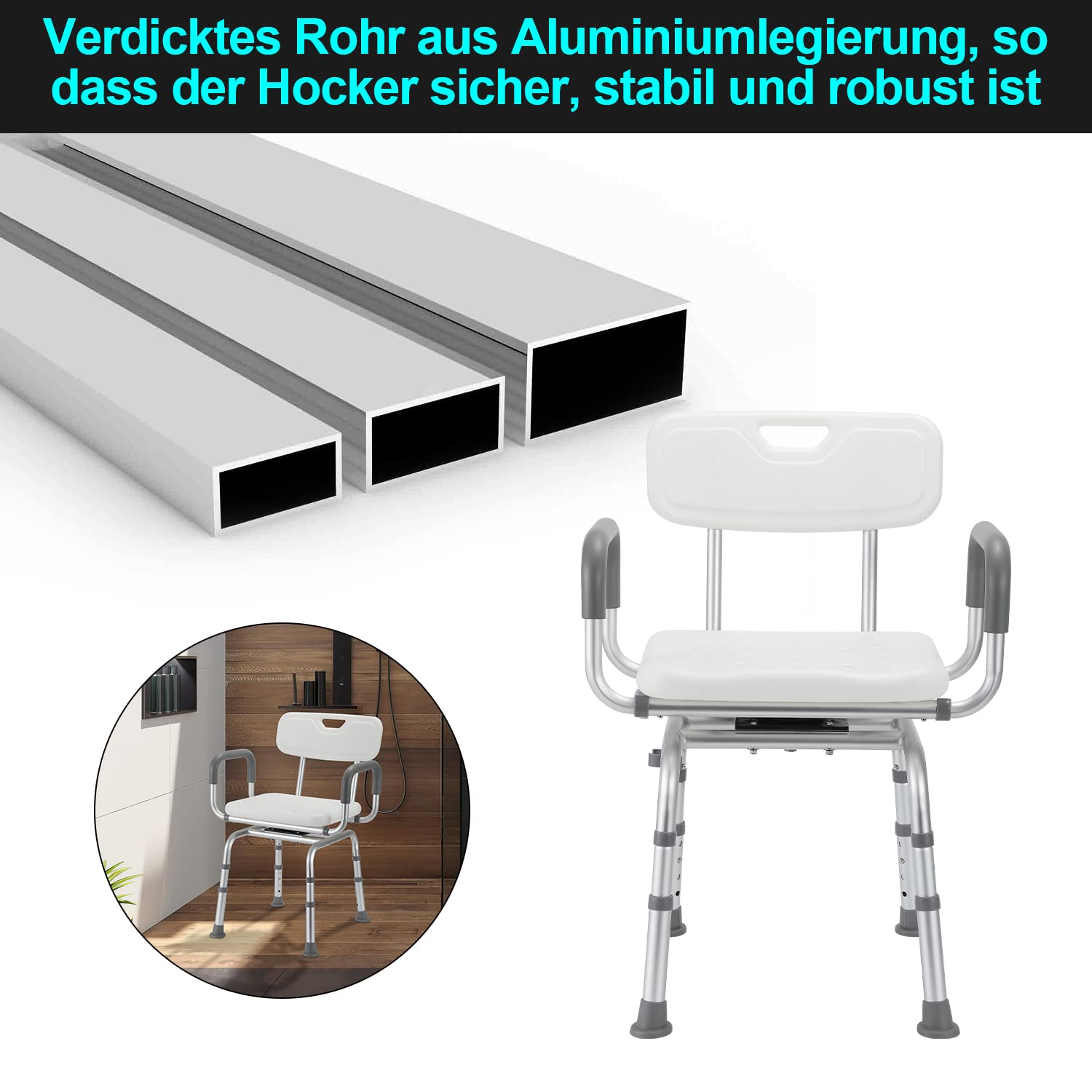 Taburete de ducha giratorio 360°, silla de ducha con respaldo y reposabrazos, 40-48 cm, altura regulable, taburete de baño y pies antideslizantes, silla de ducha estable para personas mayores
