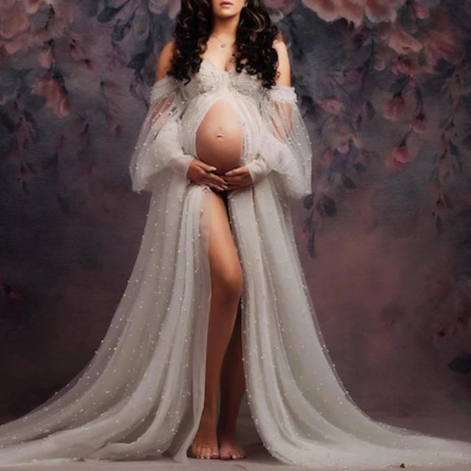 Abito premaman perfetto per ritratti prenatali, con elegante caduta e morbido abito premaman elasticizzato