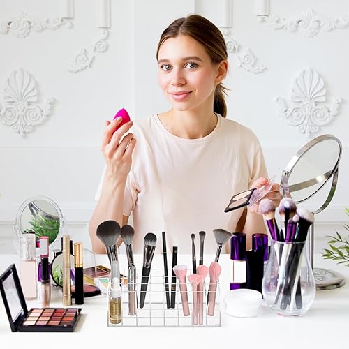 Miniatura 8 de FOMIYES Soporte para lápiz labial de 24 ranuras, organizador de maquillaje acrílico transparente para encimera, tocador y baño, estante de