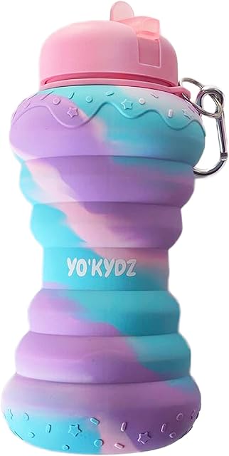 YO'KYDZ Donut Water Bottle Leak Proof, Foldable school bottle for hot and cold drinks BPA free