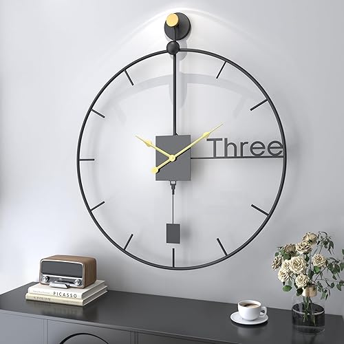 Miniatura 37 de Reloj de pared de 24 pulgadas, relojes de pared grandes para sala de estar, reloj redondo de metal decorativo, funciona con pilas, silencioso, sin