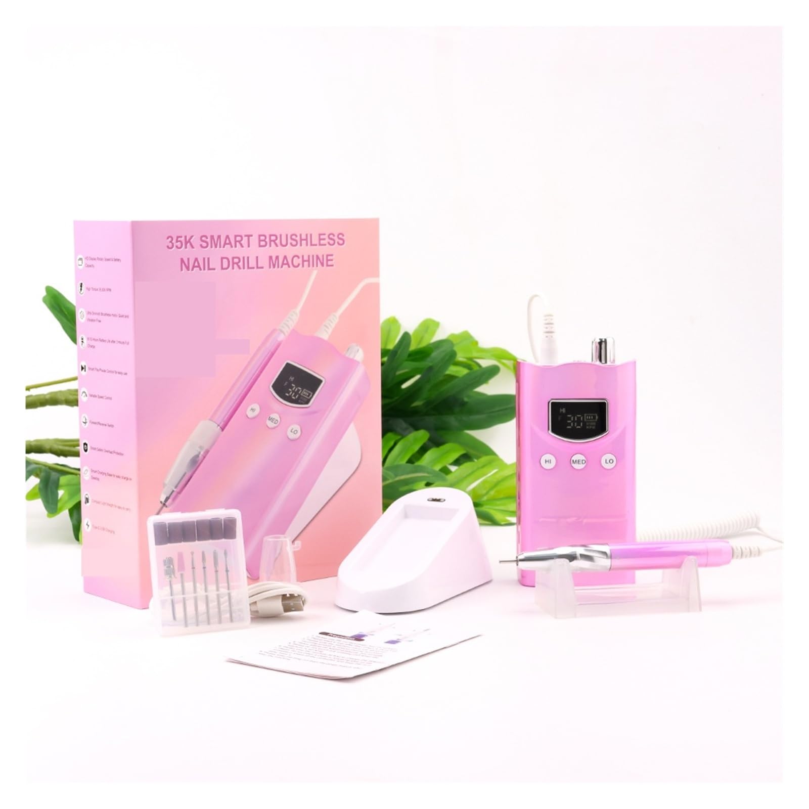 Trapano per unghie, Trapano for unghie elettrico senza fili da 85 W spazzole, 35.000 giri/min, ricaricabile, manicure intelligente(Pink)