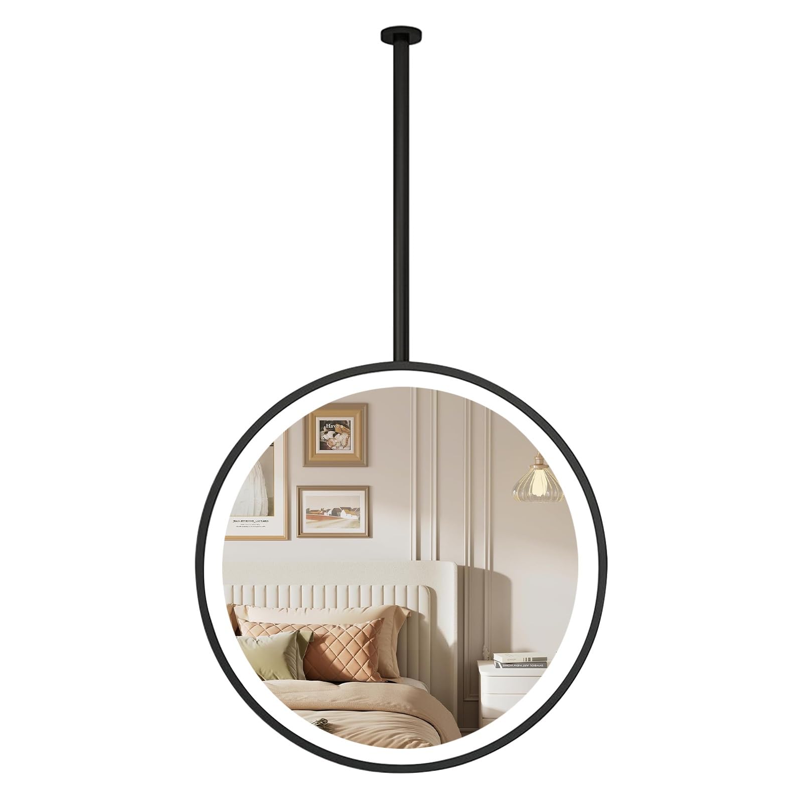 FGXHHS Ceiling Mounted Round Mirror with LED Light, Large Wall Bathroom Vanity Black Metal Frame - Customizable Boom(Diameter-50CM/19.7INCH)