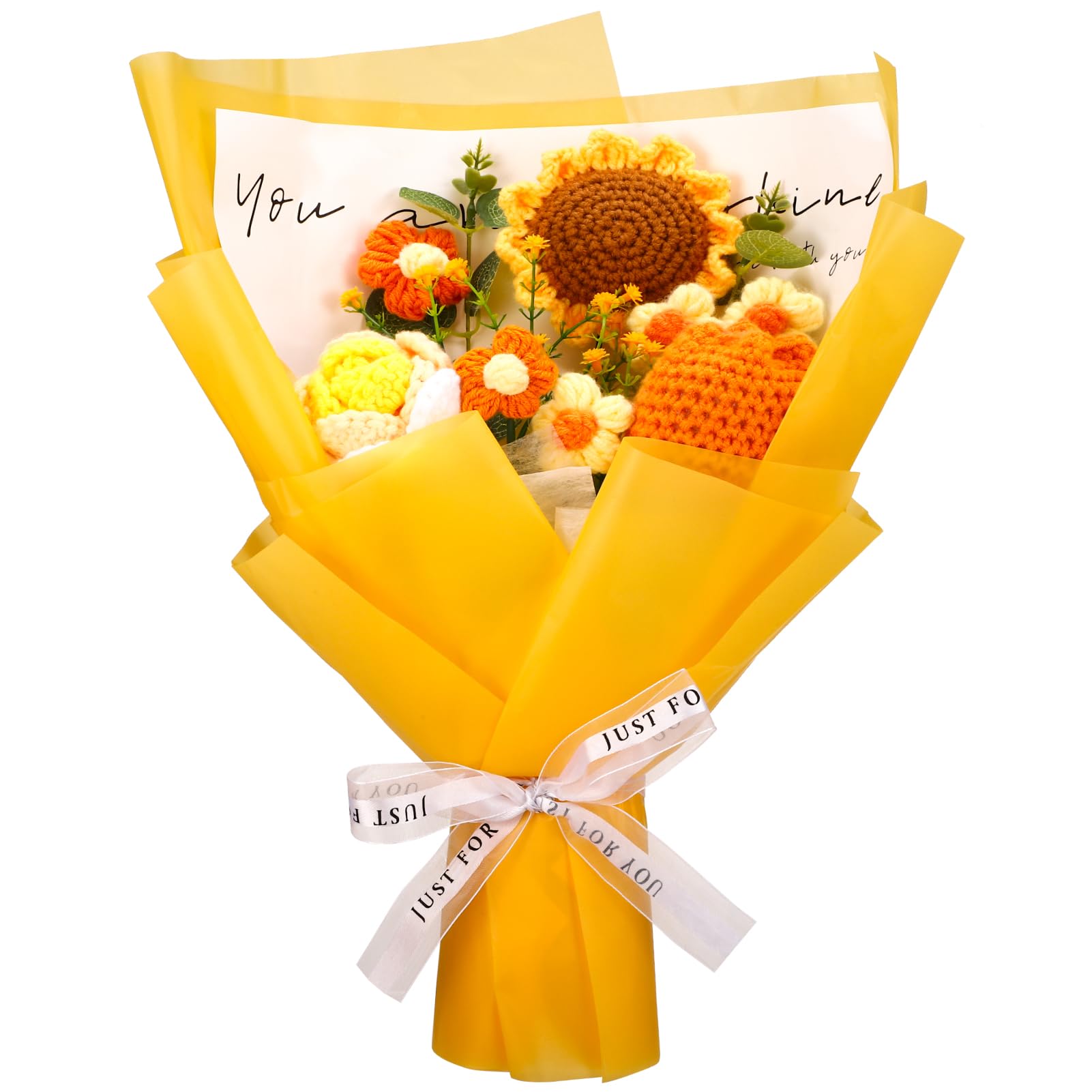 saerryor Crochet Flowers Bouquet, Handmade Knitted Flowers Artificial Sunflower and Rose Crochet Gift for Birthday Mother's Day Anniversary Graduation Wedding