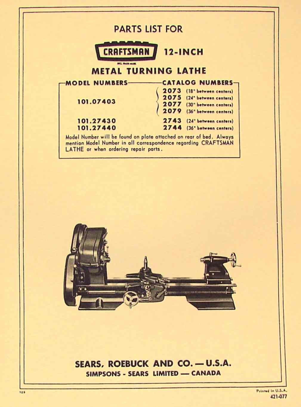 CRAFTSMAN-ATLAS 12" Lathe 101.07403, 101.27430, 101.27440 Parts Manual