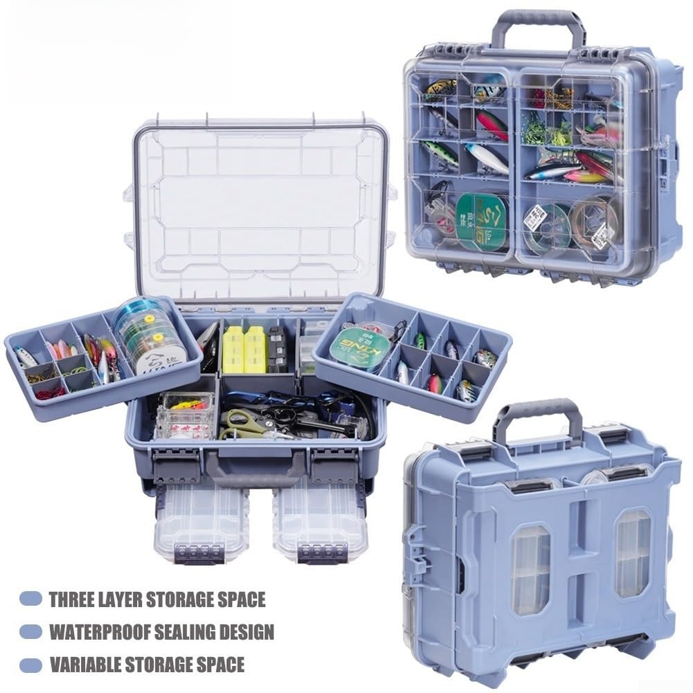 Grande boîte de rangement étanche pour articles de pêche, double couche, avec séparateurs réglables, étui de rangement en ABS haute capacité, pour hameçons, leurres, appâts, outils, gris
