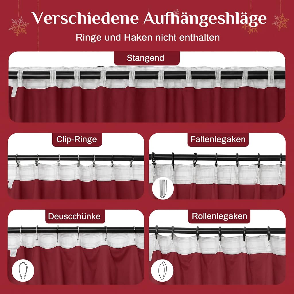 Weihnachtsvorhänge Samt mit Schneeflocken Goldfolie Muster, 2er Set H244xB132cm Schöne Samtvorhänge Kräuselband, Blickdicht Gardinen Thermovorhang für Wohnzimmer Schlafzimmer (Weihnachtsrot)