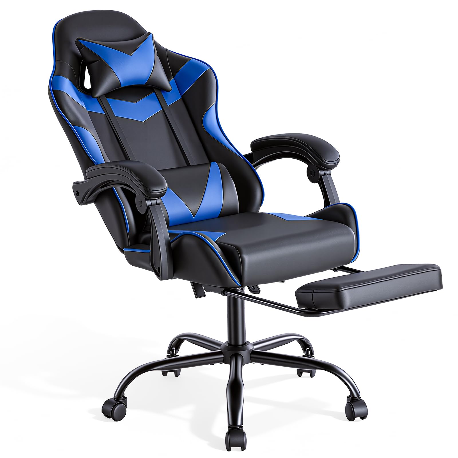 Sweetcrispy Gaming Chair, Gaming Chair with Footrest, Headrest, Lumbar Support, Ergonomic PC Chair, Height-Adjustable Office Chair, Computer Chair, Rotating Desk Chair, Modern Blue