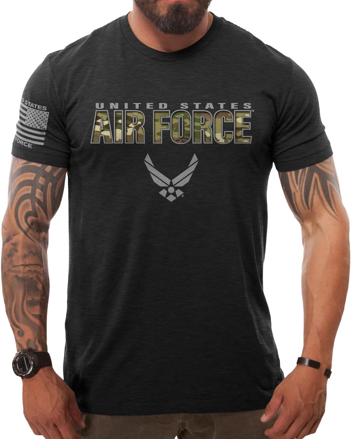 7.62 Design US Air Force Camo Text Men's T-Shirt Heather Black - Image 2