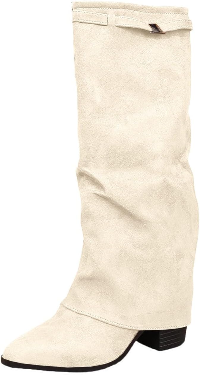 Chunky Knee High Boots Women Pointed Toe Wide Calf Slip on Fold Over Boots