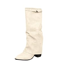 Slouchy Suede Boots for Women Fashion Winter Knee High Bootie Wide Calf Chunky High Heel Dressy Boot