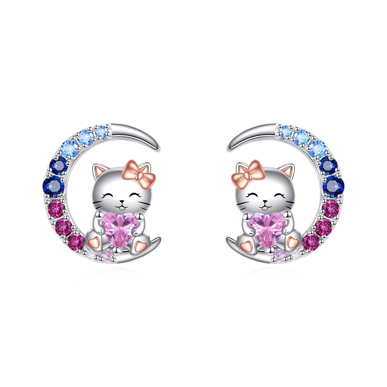 VONALA Mond Mädchen Ohrringe Engel Katze Axolotl Hochlandkuh Hase 925 Sterling Silber Taufe Kommunion Geschenk Schmuck mit Rosa Zirkonia für Damen Mädchen Kinder