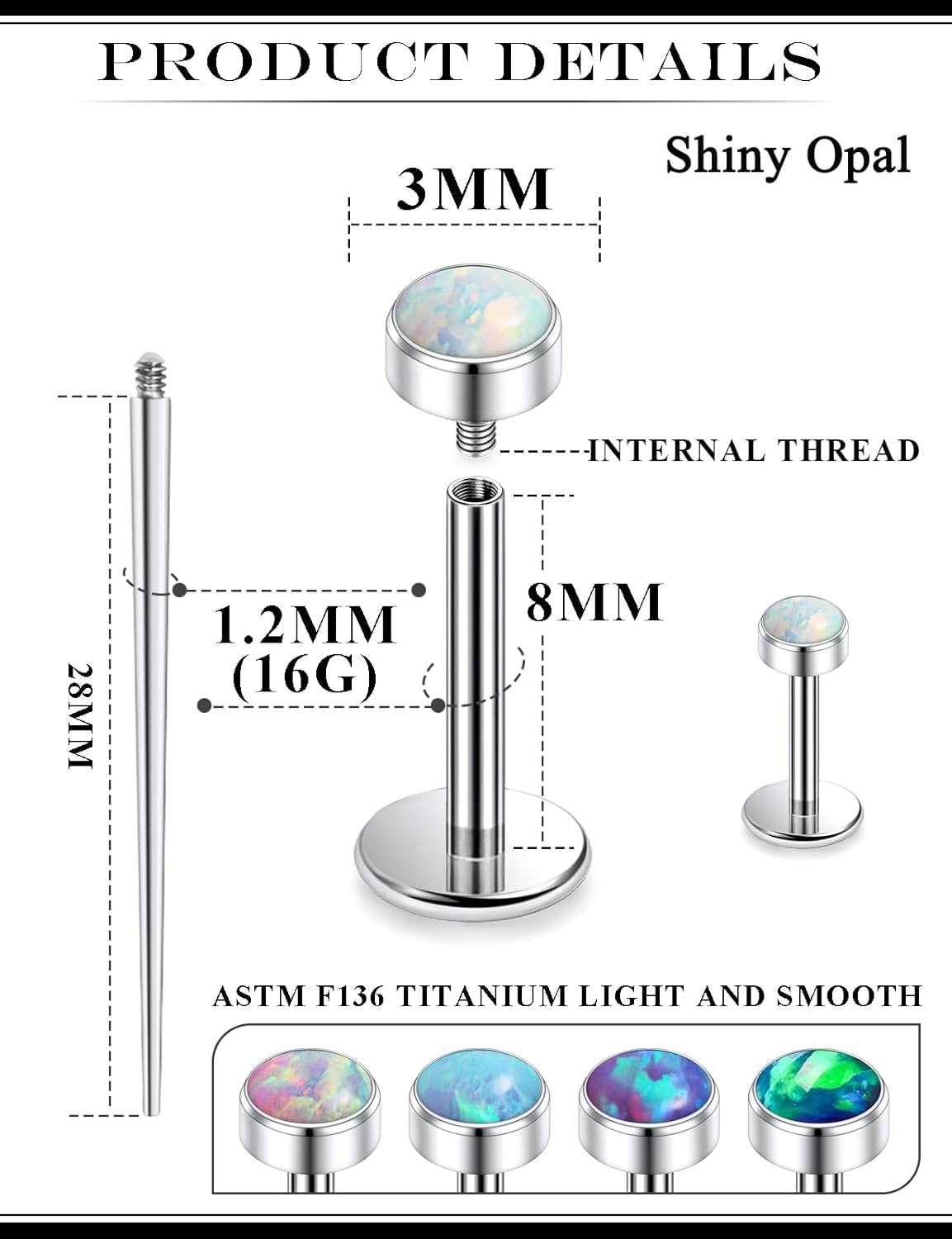 20G 18G 16G Astm F136 Titanium Internal Thread Flat Back Earrings Nose Studs Tragus Helix Conch Cartilage Lobe Earrings Medusa Labret Snake Bite Monroe Lip Ring Piercing Jewelry For Women Men - Image 2