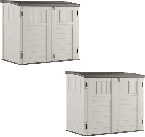 Suncast Paquete de 2 cobertizos horizontales de almacenamiento al aire libre de 34 pies cúbicos para botes de basura, accesorios de jardín, patio