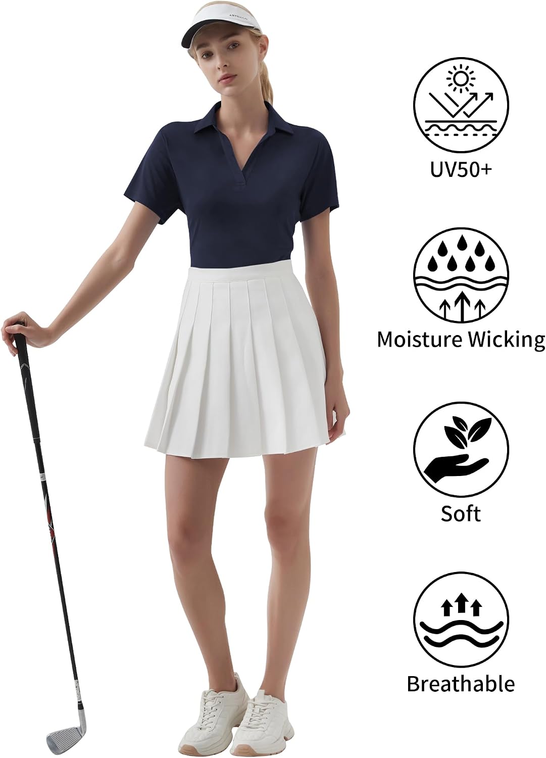QBK Women's Golf Polo Shirt UPF 50+ Dry Fit Collared V-Neck Short Sleeve Tennis Top