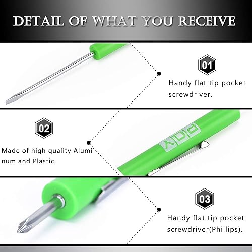 Miniatura 3 de Juego de destornilladores de bolsillo con clip Phillips de doble extremo y ranurado, paquete de 10 (verde)