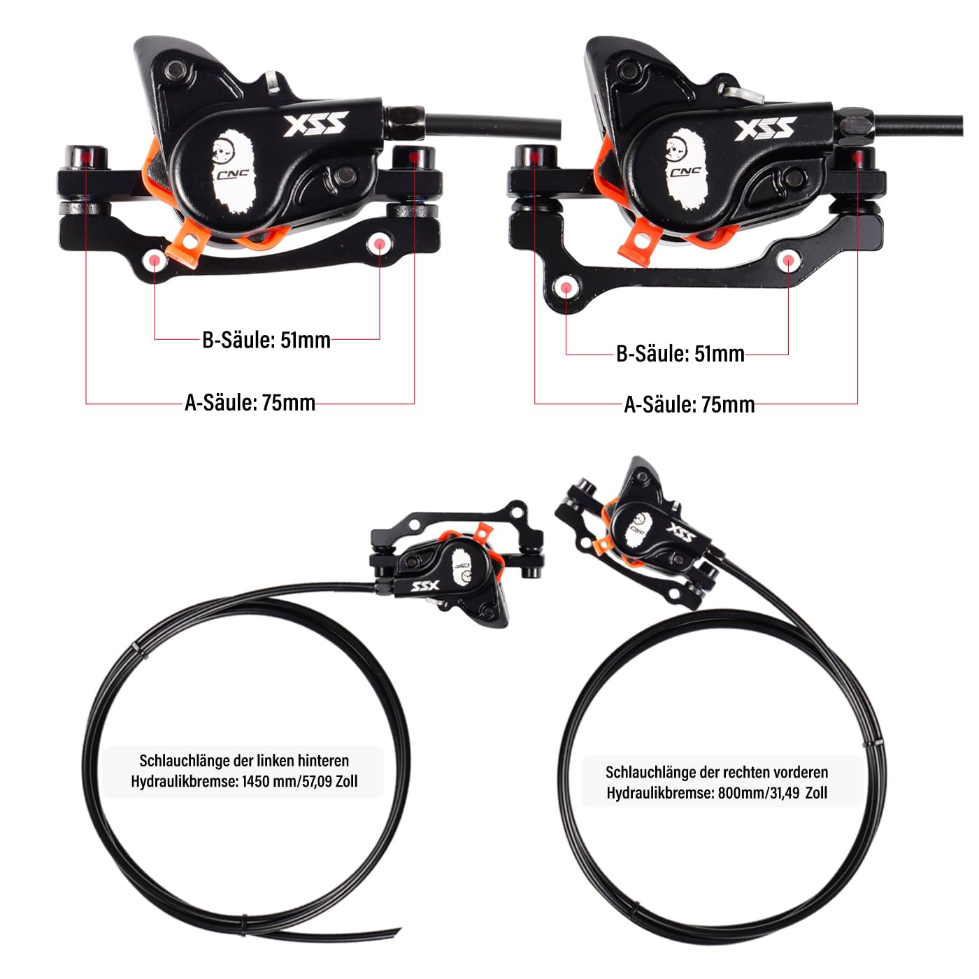 Hydraulische Benbremse Fahrrad,Hydraulik Bremsen Set,Hydraulisch Scheibenbremse Vorne Rechts 800mm, Hinten Links 1450mm,Hydraulische Scheibenbremsen für MTB/BMX/Rennrad/Mountainbike.