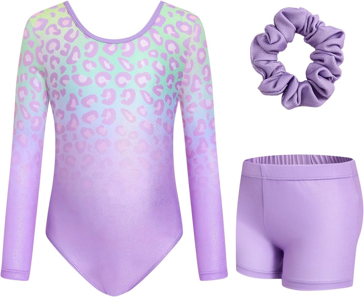 JiAmy Leotards for Girls Gymnastics, Long Sleeve Sparkly Dance Biketards with Shorts Ballet Tumbling Outfit for 3-12 Years