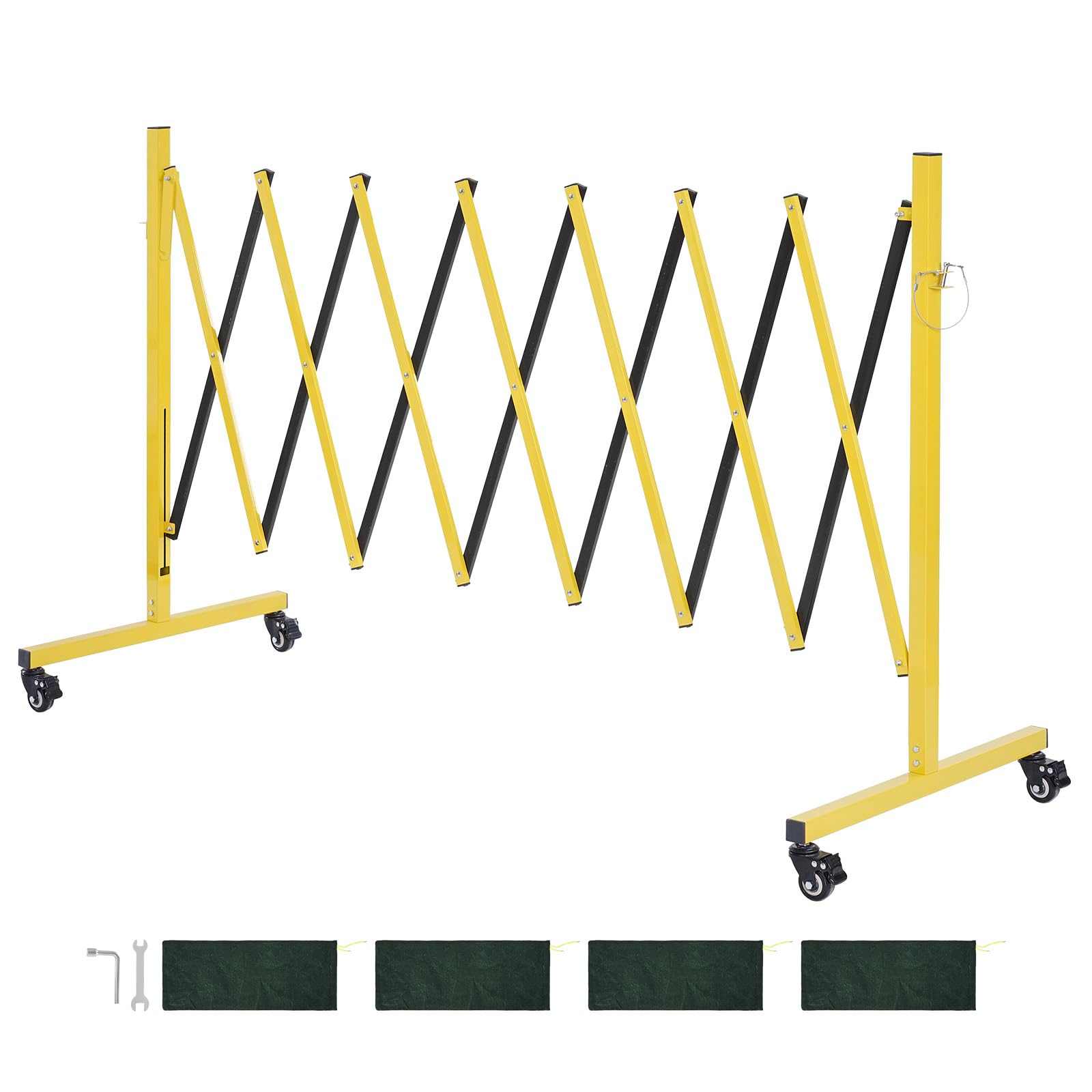 VEVOR Barricada Extensible de 3,82 m, Barrera de Seguridad Plegable con Ruedas y Frenos, Valla Metálica Portátil, Aluminio, para Uso Industrial Construcción Control de Espacios, Color Negro Amarillo