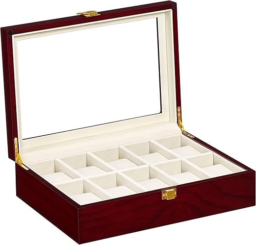 SONGMICS 10Slot Watch Box, Large Glass Top Watch Display Case Storage