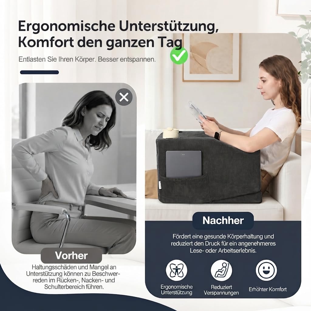Lesekissen mit Armlehnen und Getränkehalter für Bett und Sofa