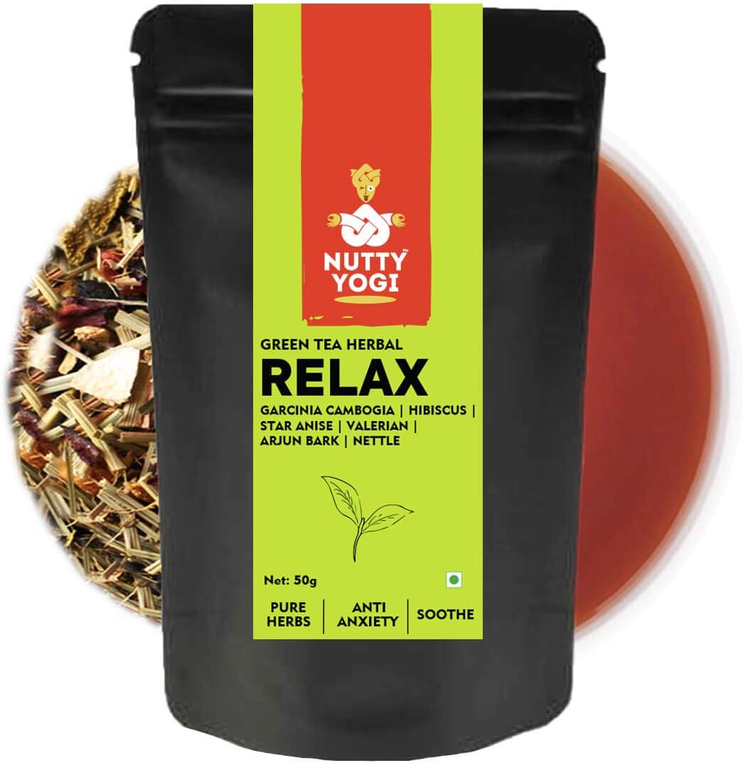 Nutty YogiGreen Herbal Relax Tea | 50g | Chai with Herbs I Relax and Destress I Unique Recipe I 100% Natural I Hibiscus, Valerian Root, Arjun Bark, Nettle I Herbal Tisane