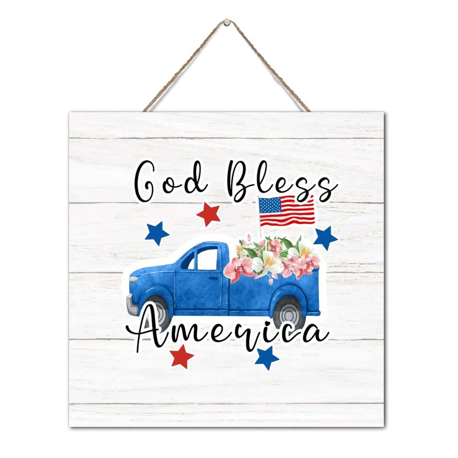 Décoration porche rustique avec la plaque en bois God Bless America camion fleuri