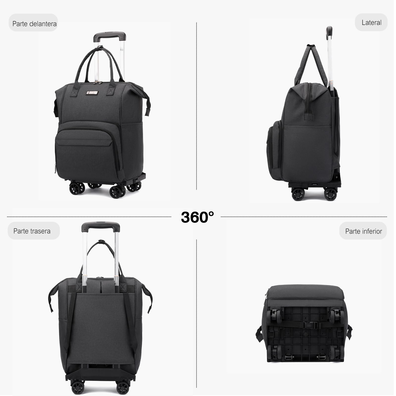 FANDARE 3-en-1 Mochila Carrito Convertible Carro de Compras Plegable & Equipaje de Cabina Hombre Mujer Carritos de la Compra, Bolsa de Viaje Ligera Negocios (Tamaño Aprobado por aerolíneas) Negro