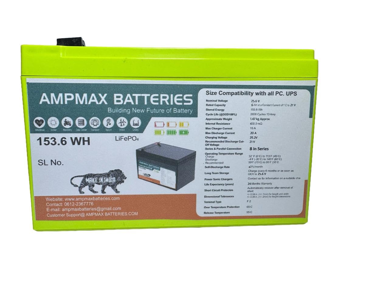 LLP 24V 6Ah LiFePO4 Battery with in-Built BMS, 153Wh Energy Capacity, F2 Terminal, Suitable for Power Backup and Light Electric Applications