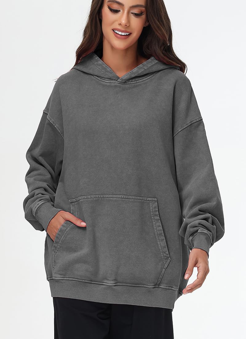 PADOLA Oversize Sweats à Capuche Femme Y2k Pull Femme Coton Veste Polaire Manches Longues Vintage délavé Sweat mi Saison Basic Hoodie Femme Rétro Pulls Casual Sweatshirts Hiver