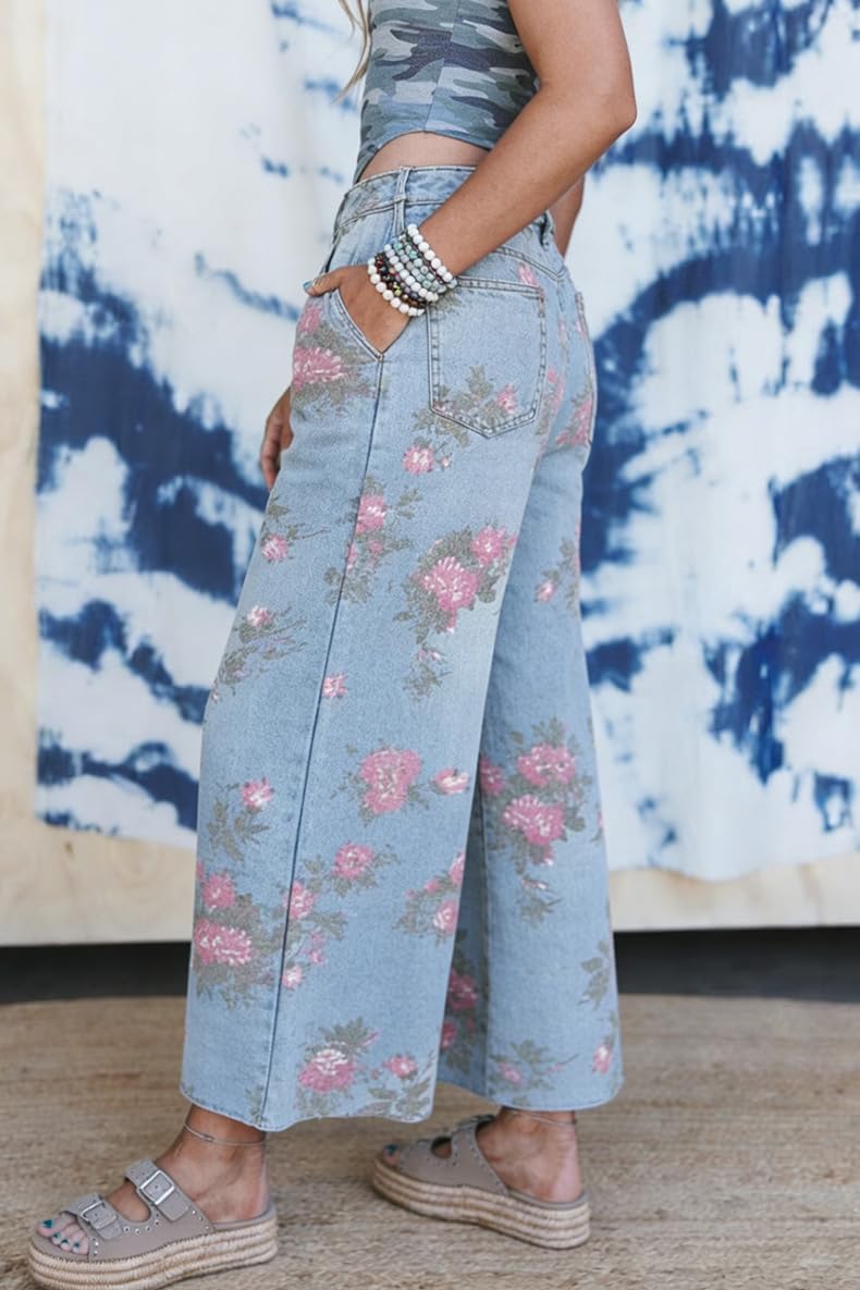 yoeasy Women's Wide Leg Jeans Baggy Boho Floral Printed Baggy Boyfriend Casual Flare Ankle Denim Pants