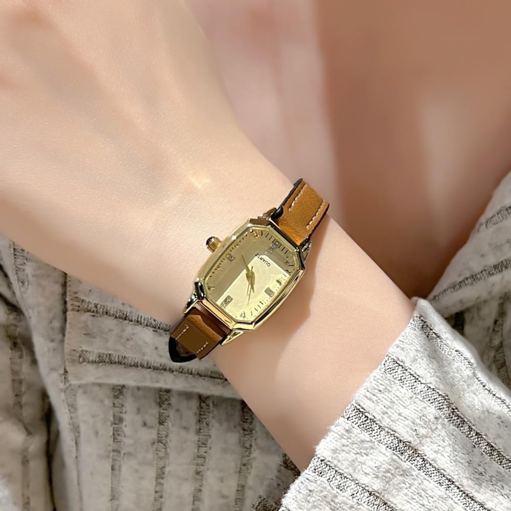 VILKFY Womens Small Gold Watches Vintage Rectangular Analog Quartz Watch Leather Band Wrist Watch (Brown) - Image 4