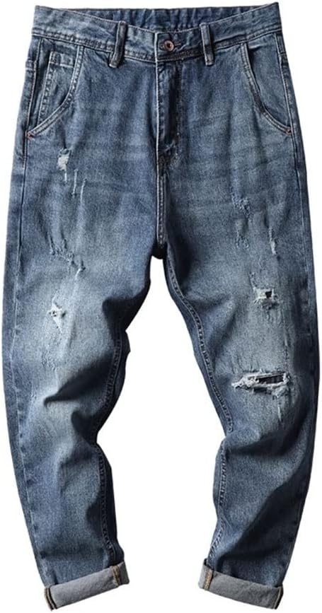 Jeans Men Baggy Stretch Cropped Pants Loose Fit Casual Denim Harem Ankle Length Trousers
