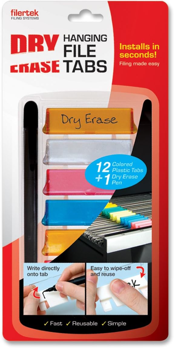 Hanging File Dry-Erase Reusable Tabs for Hanging Files with Dry-Erase Pen, 12 Tabs, Assorted Colors (FT-B12C)
