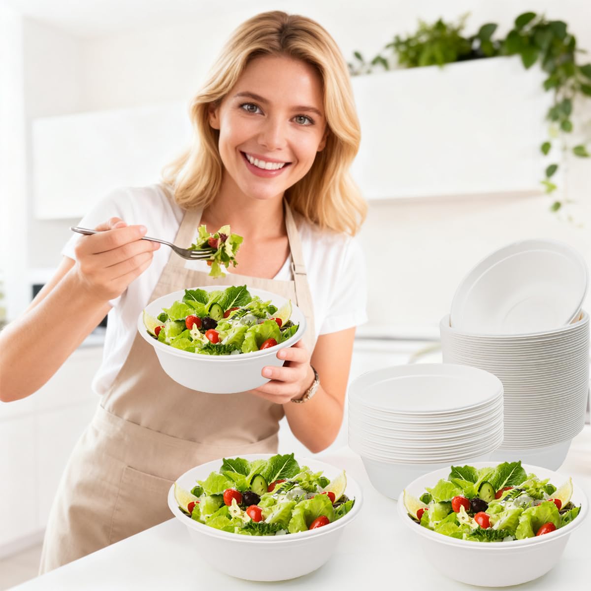 Kleemeiero 50 Pezzi Ciotole di Carta Bagasse di Canna da Zucchero 500ML Ciotola per Zuppa Biologica Rotonda Bianca Biodegradabili e Compostabili Piatti Carta per Picnic Barbecue Feste