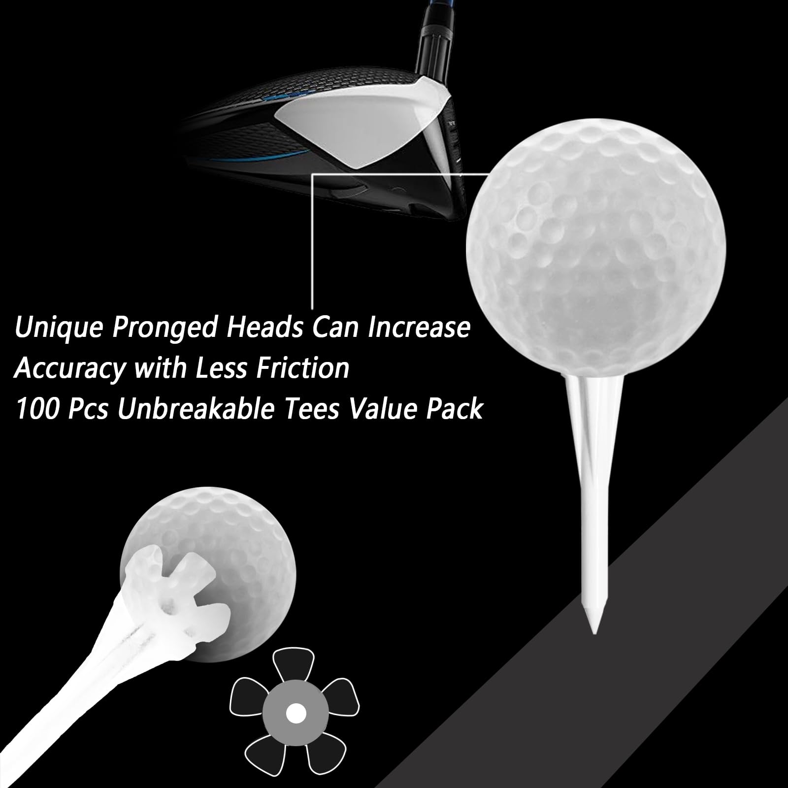 FINGER TEN Golf Tees Plastic Short Size 1 1/2 Inch Unbreakable Pack of 100 (White) - Image 2