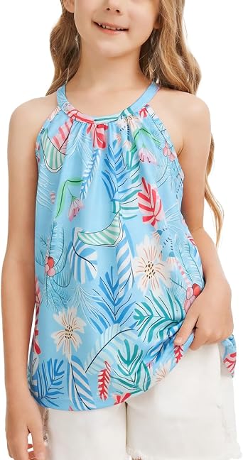 Girls Halter Sleeveless Tank Top Summer Floral Camisole Shirt Top Flowy Loose Fitting Casual Tops Vacation
