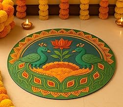 Abhaas Pooja Decoration Rangoli for Floor and Table Decor | Reusable Floor Rangoli for Home Decoration for Diwali, Ganesh Chaturthi, Durga Pooja, Gifting (12 Inches) (Peacock Design)