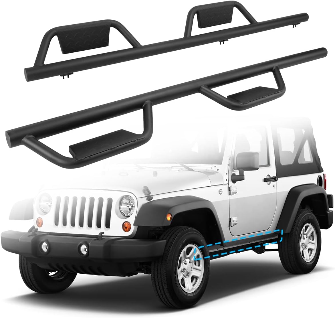 Running Boards Side Step Compatible with 2007-2018 Jeep Wrangler JK/JKU Unlimited 4 Doors, 5-inch Nerf Bars Side Rock Sliders Rail Step, Dual-Stage Textured Black Powder