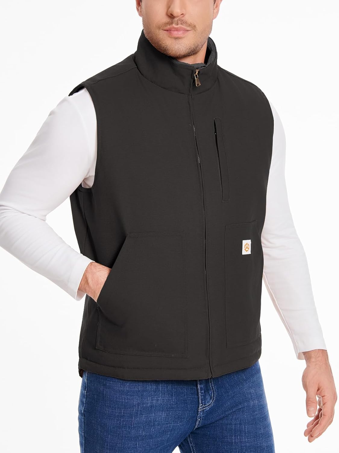 CARWORNIC Waterproof Washed Duck Vest Winter Sherpa Fleece Lined Loose Fit Mock-Neck Insulated Canvas Workwear Vest - Image 2