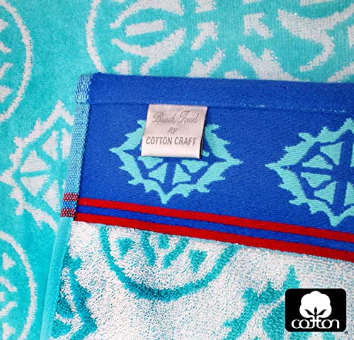 Cotton Craft Oversized Extra Wide Xl Beach Blanket Towel For Two 58 X 68-100% Cotton Velour - Big & Huge - Pool Picnic Bath Jacquard Thick Plush Super Soft Luxury - 450 Gsm - Summer Trellis Pool Blue #TOP1