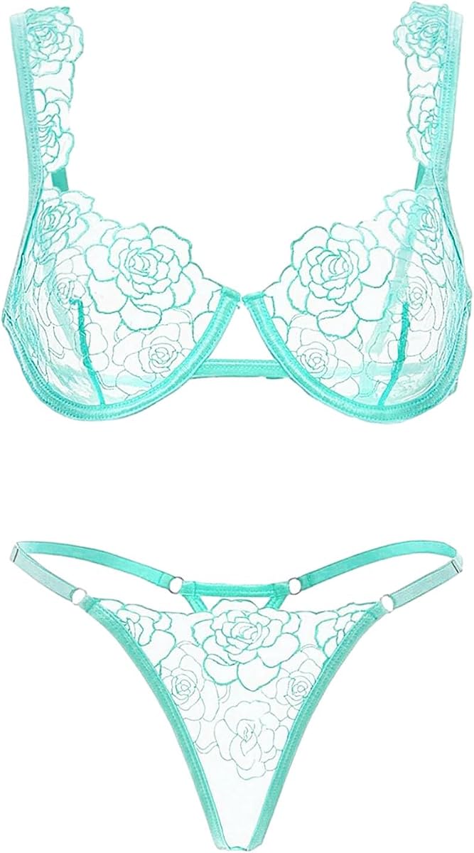 Women Sexy Floral Embroidered Mesh Sheer Underwire Push Up Lingerie Set