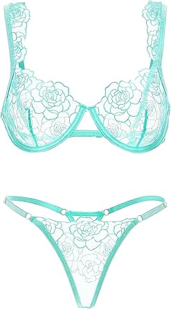 Lilosy Women Sexy Floral Embroidered Mesh Sheer Underwire Push Up Lingerie Set
