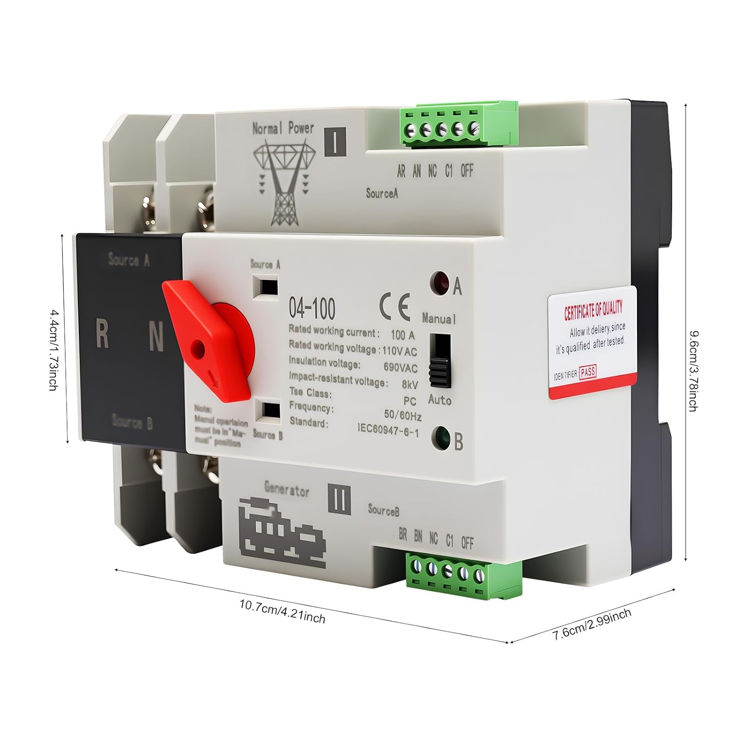 Dual Power Automatic Transfer Switch 2P 100A ATS Dual Power Generator Changeover Switch 110V Mini Electrical Selector Switches