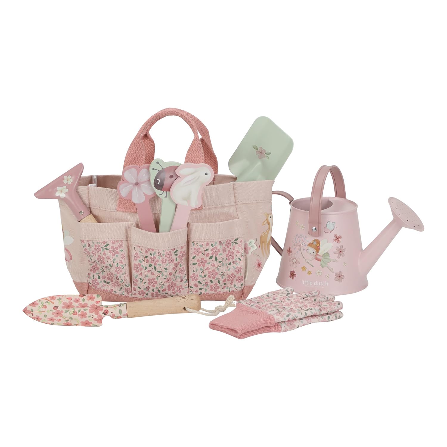 Little Dutch Gartengeräte Set - Gartenspielzeug für Kinder - inklusive Tasche, Handschuhe, Gießkanne, Schaufel, Harke, Pflanzenstecker - 10-teilig - Fairy Garden rosa