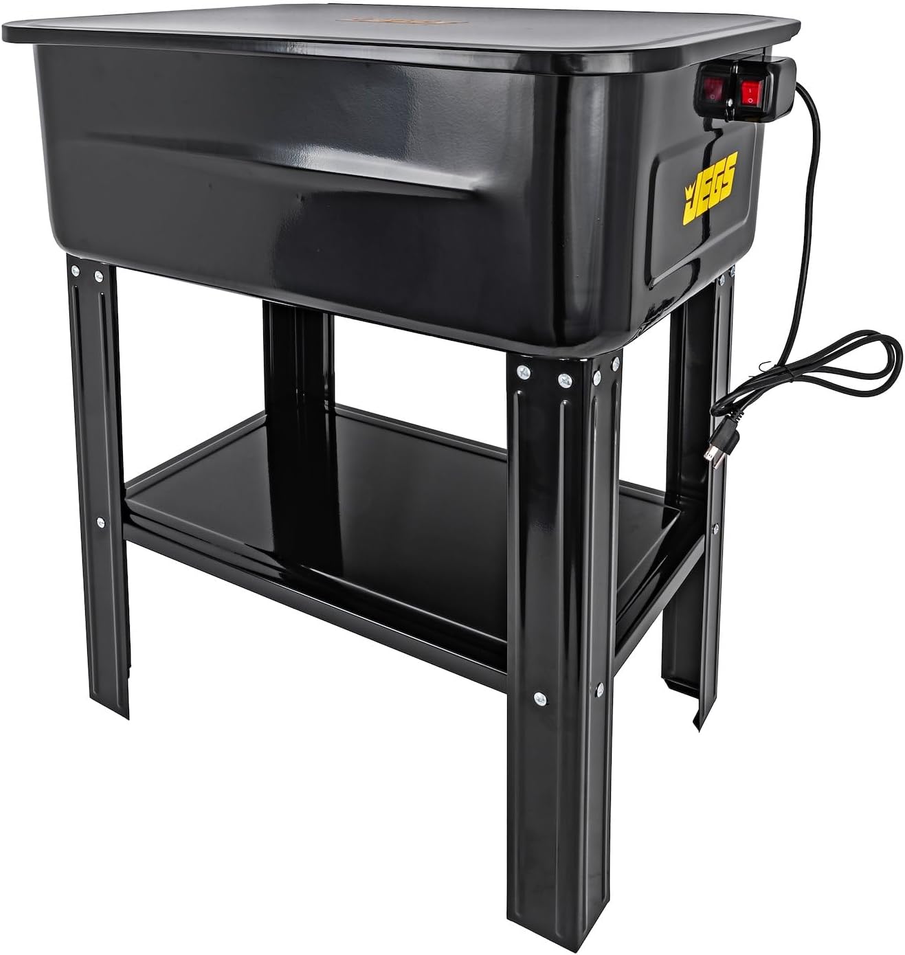 JEGS 20 Gallon Parts Cleaner Solvent Tank - 12 Gallon Solvent Capacity - 2.64-3.17 Gallon Per Minute Max Pump Output - Heavy Duty Steel Powder Coated Black with JEGS Logo