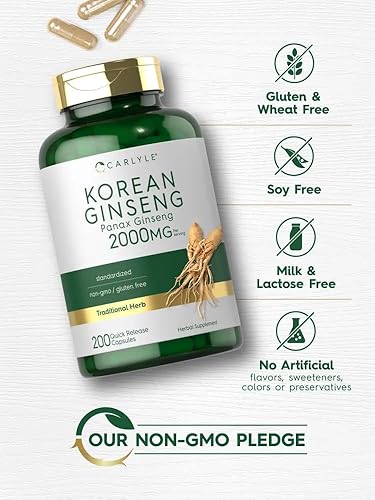 Miniatura 4 de Carlyle Cápsulas de extracto de ginseng coreano de 2000 mg  200 cápsulas  Fórmula sin OMG y sin gluten  Suplemento estandarizado de Panax Ginseng