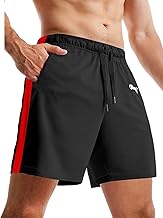 JUST RIDER Men's Athletic Shorts with Side Stripe, Quick Dry, Black and Red, with Pockets