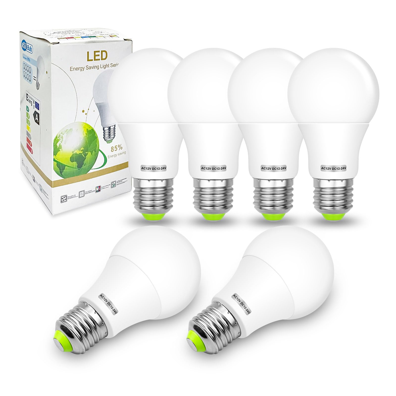 BROLSKUN E27 12V LED Warmweiss 2700K 60W 12v E27 6W LED AC12V / DC 12V-24V Glühbirne 50W 12 Volt Birnen für Sonnensystem, Wohnmobil, Boot, Innen Niederspannungs Sicherheitsbeleuchtung 6er Pack