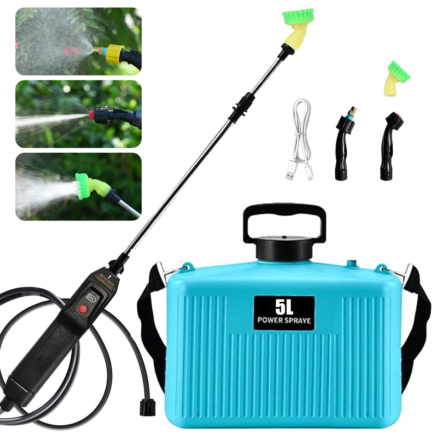 5l Pressure Pump Garden Sprayer, Electric Pompa Irroratrice a Batteria Spruzzatore a Pressione with 3 Mist Nozzles, Retractable Wand, USB Rechargeable, Outdoor Weed Water Sprayer Blue